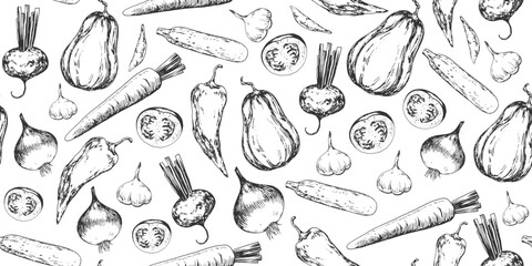 Seamless pattern with vegetables. Black and white background with zucchini, peppers, peas, tomatoes, carrot, beetroot, pumpkin, garlic, onion. Engraving style.