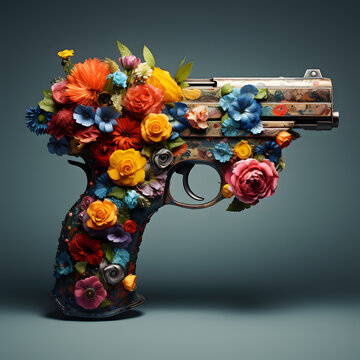 A pistol covered with colorful flowers with a gradient background. Weapon as an art object. Anti-war and floral concept.