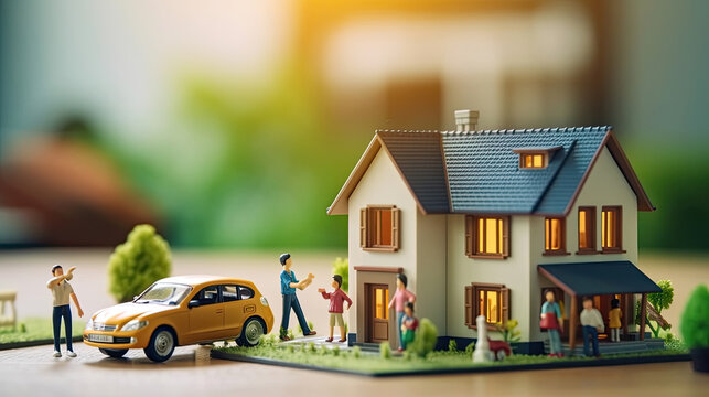 Insurance house, car and family health live concept. The insurance agent presents the toys that symbolize the coverage. Insurance coverage concept. Generative Ai