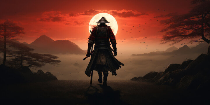 photo of a samurai walking to the sun