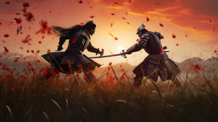 Fototapeta na wymiar photo of the battle of two samurai in a meadow under the sunset