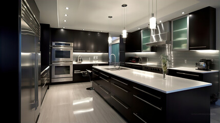 Sophisticated Black Kitchen Design with Central Island - AI Generated
