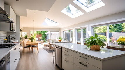 Fototapeta na wymiar Bright Modern White Kitchen with Kitchen Island/Table - AI Generated 