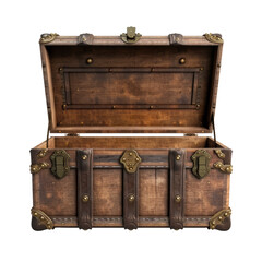 Empty old trunk with open lid, isolated on transparent. - obrazy, fototapety, plakaty