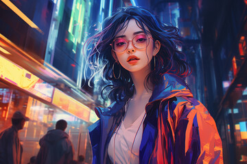 Fototapeta premium Stylish pose of illustration woman during night time in city 