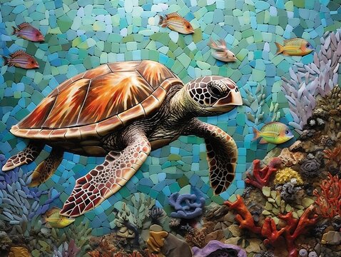 An enchanting wall art mosaic depicting an underwater world teeming with marine creatures and sea turtles swimming gracefully generative ai