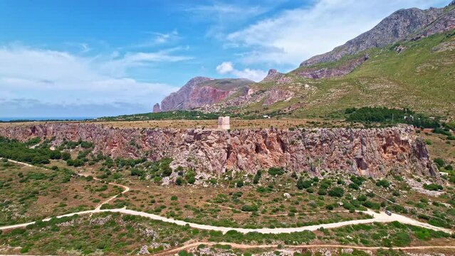 Aerial view of Macari beach and the Isulidda tower. Sicily Italy