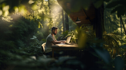 Man working in nature, teleworking, plant a tree, man with laptop in a forest, computer, informatic, feeling good at work, working from home, remote working, back to nature, ecology