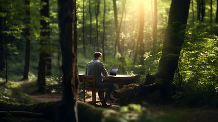 Man working in nature, teleworking, plant a tree, man with laptop in a forest, computer, informatic, feeling good at work, working from home, remote working, back to nature, ecology