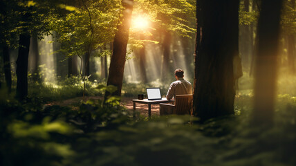 Man working in nature, teleworking, plant a tree, man with laptop in a forest, computer, informatic, feeling good at work, working from home, remote working, back to nature, ecology
