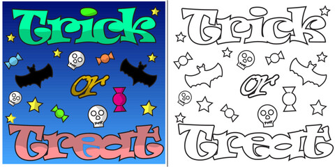 Trick or Treat Halloween Coloring page.  Hours of fun for kids to color in.  Coloring page for kids.  Simple coloring page