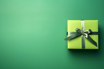 Green paper gift box on green background. Green friday, sustainable consumption, sustainability, zero waste concept. Top view. Copy space for text