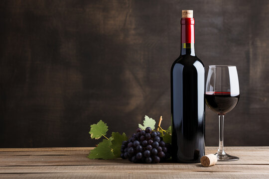 Vintage bottle of red wine with blank matte black label, bunch of grapes on wooden table, concrete wall background. Expensive bottle of cabernet sauvignon concept. Mock up. High quality photo
