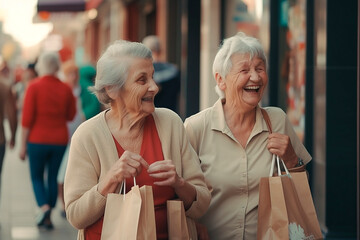 Joyful elderly women go shopping. Generative ai.