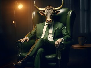 Börsenmacht: Der Bulle im Anzug beherrscht die Szene - obrazy, fototapety, plakaty