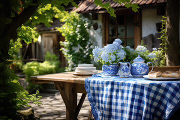 Fototapeta na wymiar table with blue and white tablecloth and dishes in the garden, ai generated