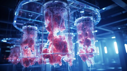 Artificial meat is produced in the laboratory. Analysis of the composition of meat and test tubes with pieces of beef. Technology of growing food products from chicken and pork fibers. Generative AI.
