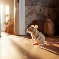 Cute little mouse standing on the floor in the living room at home. selective focus.  