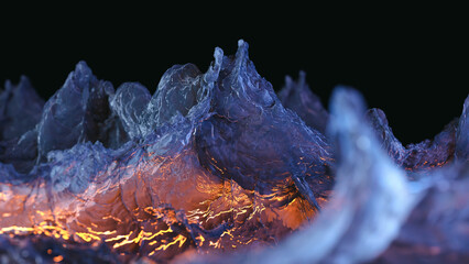 Abstract Blue ice scene - ocean waves with orange mystical glow - water splashing with underwater flash