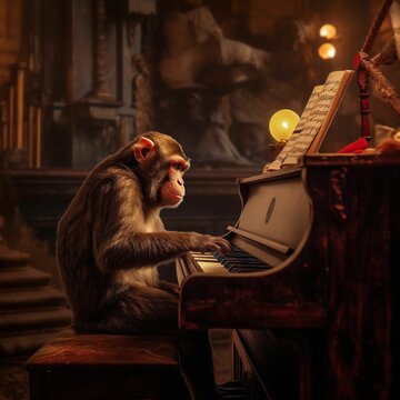 Generative AI image of a monkey playing a piano