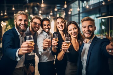 Group of diverse business people holding drinks celebrating success