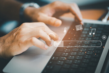 Business person working with computer and with blank search bar. Searching Browsing Internet Data...