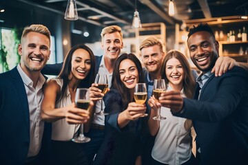 Group of diverse business people holding drinks celebrating success