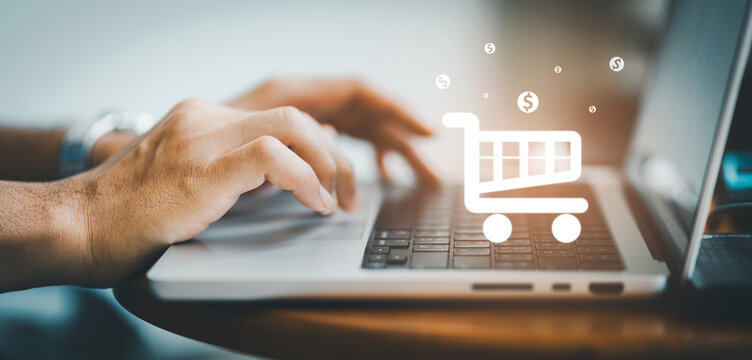 Online shopping and payment, business oerson using online computer with shopping cart icon screen, Digital marketing, Banking and finance