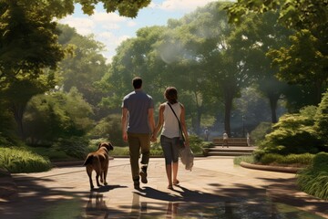 young couple walking dog in the city in autumn day, AI Generated