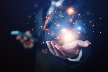 2024 business world concept, business people show the trend of driving future world digital currency to develop digital AI digital business online
