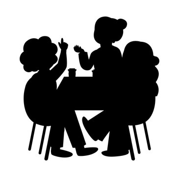 Black Silhouette Of Young Students Having Lunch In The Cafeteria While Sitting On The Chairs And Talking, Vector Isolated On White Background