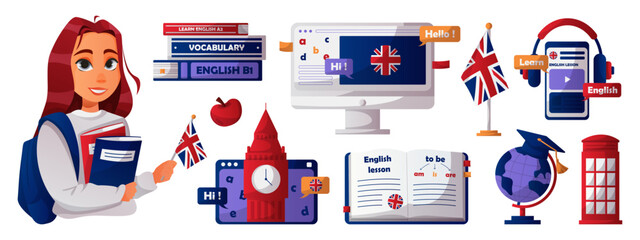 Set of english book, desktop, smartphone, girl student, british flag. English language school, club, course. Elementary grammar, vocabulary, audio lesson. Learn foreign languages online, education. - obrazy, fototapety, plakaty