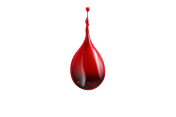 Red blood drop bright and shiny isolated on transparent background, PNG file. Vibrant blood drop, element isolated.