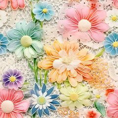 Seamless design colourful embossed flowers in delicate multi-coloured shades in a floral pattern