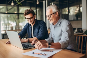 Mature male businessman and his senior father looking at and studying monthly finances on laptop computer