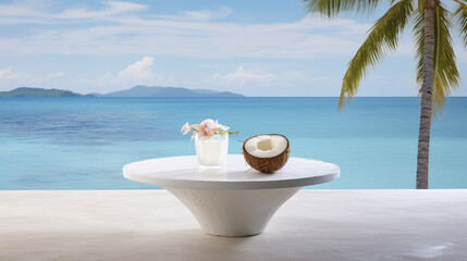Fototapeta na wymiar coconut on the white table with a palm and view to the sea