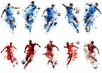 set of watercolor design of a red and blue soccer player. man isolated on white background. Fit jumping man in action, jump, movement at game. Generative ai