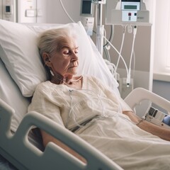 Sick senior woman in poor health hospitalized in dark room of a modern hospital. Old woman hospitalized.