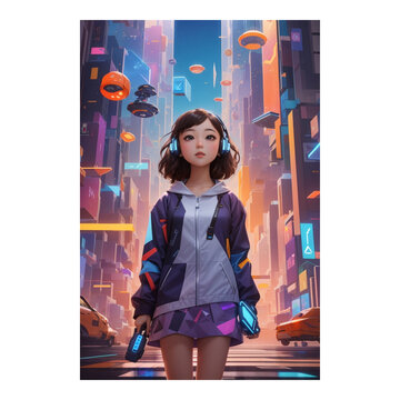 A young girl stands in a futuristic cityscape