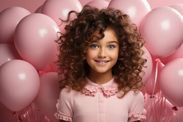 Beautiful little baby doll princess with curly hair in a pink fluffy princess luxury dress with pink balloons on pink background. Holiday celebrations concept