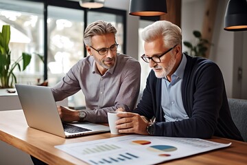 Mature male businessman and his senior father looking at and studying monthly finances on laptop computer