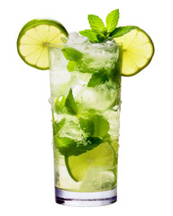 Mojito, Cocktail aus hellem kubanischem Rum, Limettensaft, Minze, Rohrzucker und Sodawasser, freigestellt, transparenter Hintergrund, Generative AI