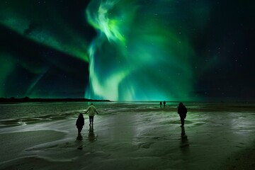 People standing on a beach, staring up in wonder at the colorful Aurora Borealis in the night sky