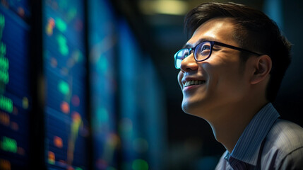 Investor wearing glasses, smiling, attentive and focused on teaching about investing