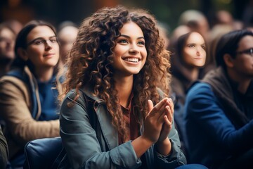 Obraz premium Multi ethnic audience sitting in an amphitheater and applauding during panel discussion