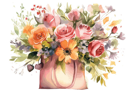 Bouquet of flowers bouquet composition decorated with dusty pink watercolor flowers and eucalyptus greenery Floral elements collection, watercolor flower set watercolor background with leaves