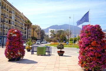 view from Bulevar Maritimo de Estepona promenade towards the Ayuntamiento de Estepona, Costa del...