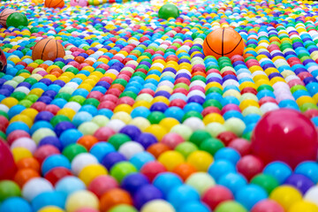Fototapeta na wymiar Colorful plastic ball pool background, toy balls for kid