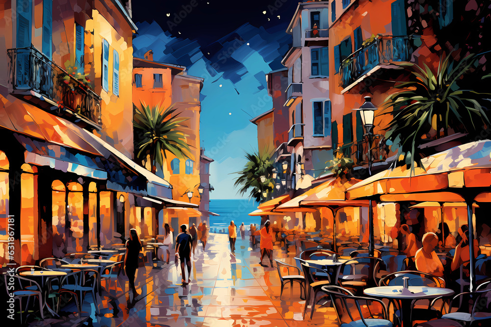 Wall mural french or italian riviera street in town at sunset painting with sea beyond