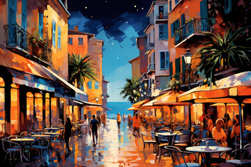 Fototapeta na wymiar French or Italian riviera street in town at sunset painting with sea beyond